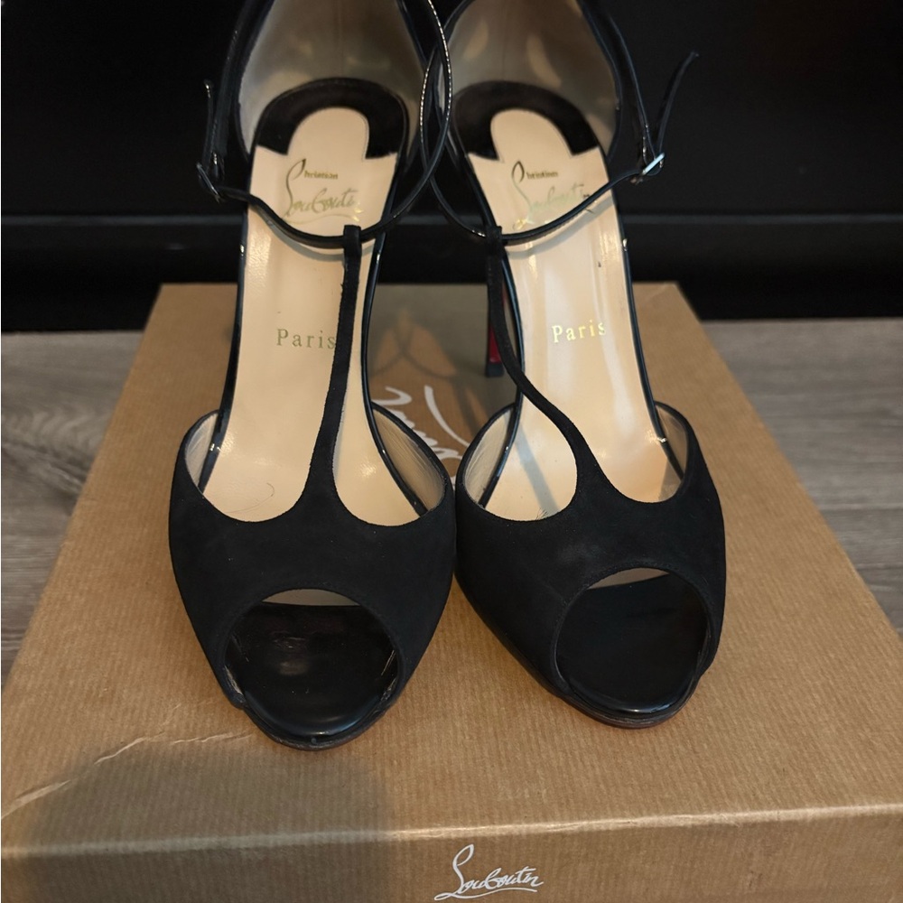 Suede Christian Louboutin Black T-Strap Peep-Toe Heels